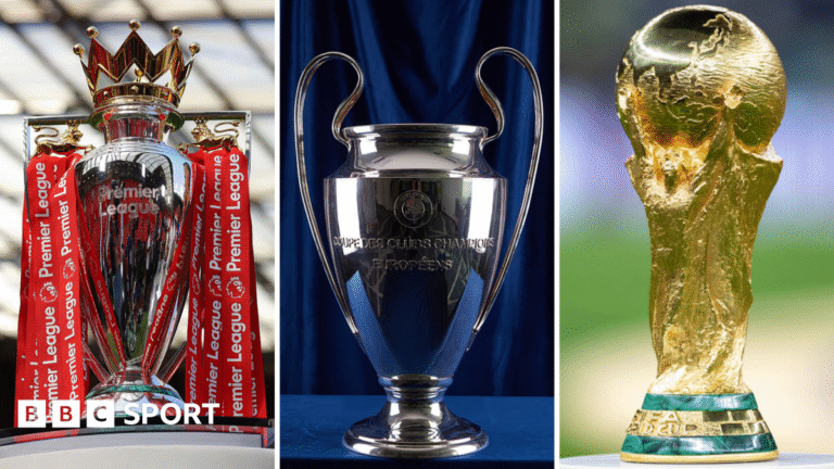 2026 predictions: Who will win Premier League, Champions League & Ballon d’Or? Premier League trophy (left), Champions League trophy (centre), World Cup trophy (right)
