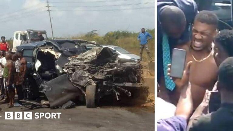 Anthony Joshua: Tributes as two team members die in fatal crash in Nigeria A split picture of Anthony Joshua and the crashed car in Nigeria