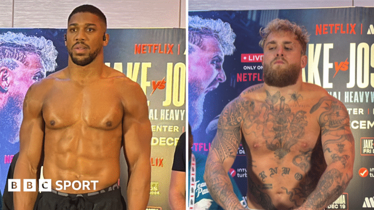 Jake Paul vs Anthony Joshua: Briton weighs almost two stone heavier A split picture of Anthony Joshua and Jake Paul