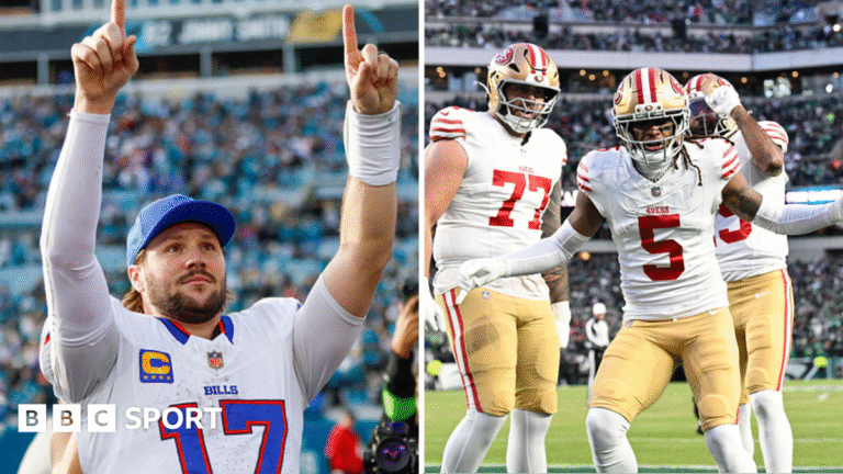 NFL play-offs: San Francisco 49ers knock out champions Philadelphia after Bills beat Jaguars Josh Allen and Demarcus Robinson celebrate