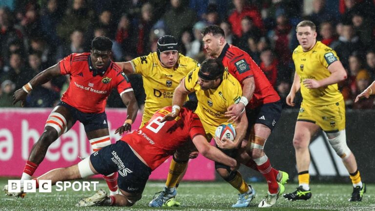 United Rugby Championship: Munster 22-20 Dragons – Irish province come from behind to end losing streak Brian Gleeson makes a tackle