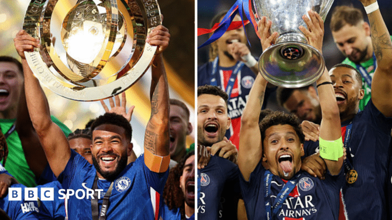 Champions League: Chelsea to face holders PSG in last 16, Manchester City to meet Real Madrid Split image of Chelsea's Reece James lifting the Club World Cup trophy in 2025 Marquinhos of Paris St-Germain lifting the Champions League trophy