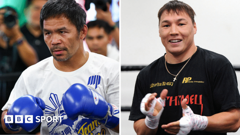 Manny Pacquiao to face Ruslan Provodnikov in exhibition on 18 April Manny Pacquiao on the left is wearing a white T-shirt and holding up his hands in blue boxing gloves. Ruslan Provodnikov is wearing a black T-shirt and clapping his hands