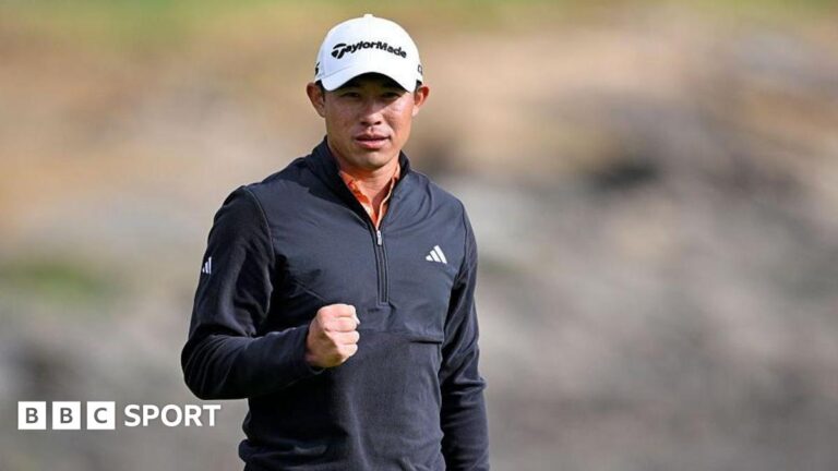 Pebble Beach Pro-Am: Collin Morikawa ends trophy drought Collin Morikawa clenches his right fist after sinking his winning putt. He is wearing a white cap and black zipped-up top.
