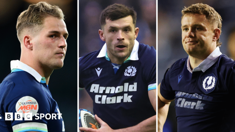 Six Nations 2026: Scotland drop Van der Merwe, Graham & Kinghorn A split picture of Duhan van der Merwe, Blair Kinghorn and Darcy Graham