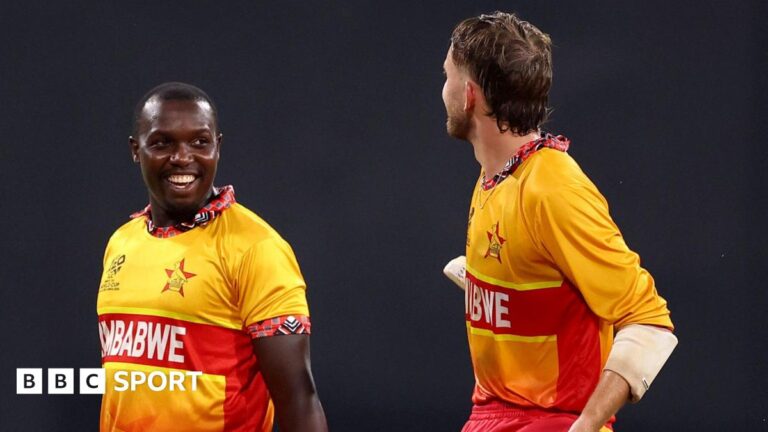 T20 World Cup: Zimbabwe top Group B, West Indies beat Italy, Afghanistan see off Canada Tony Munyonga and Brian Bennett celebrate win