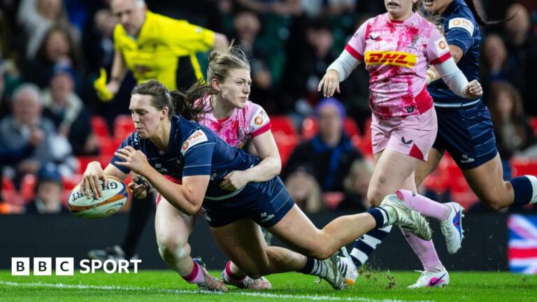 PWR: Harlequins’ top-four hopes all but end with defeat by Bristol Emma Orr dives towards the line with the ball in her outstretched right arm under a tackle from a Harlequins player