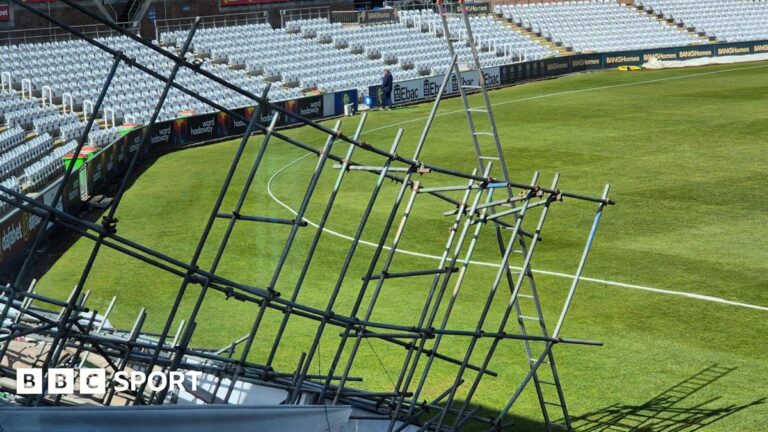 County Championship: Storm Dave causes damage at Durham’s ground Scaffolding blown down