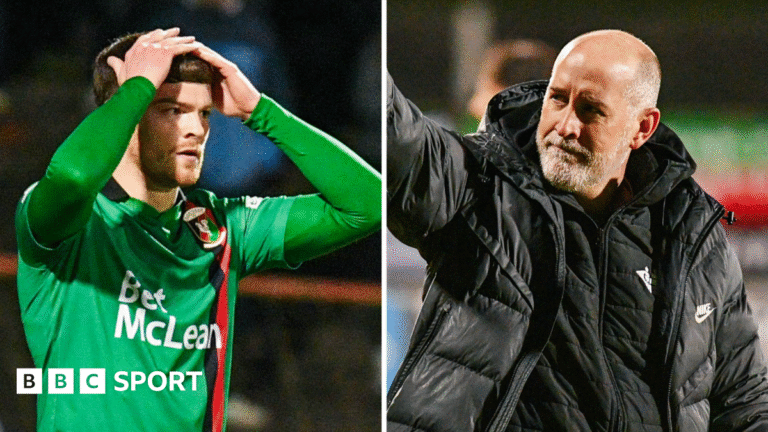 Irish Premiership: ‘Job not done’ for Larne as Glentoran need a ‘snooker’ in title race Jordan Jenkins dejected and Gary Haveron applauds fans