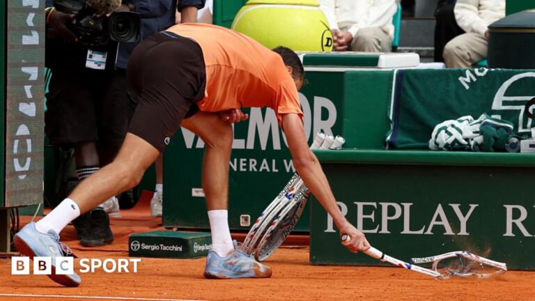 Monte Carlo Masters: Daniil Medvedev destroys racquet in 6-0 6-0 loss to Matteo Berrettini Daniil Medvedev smashes his racquet