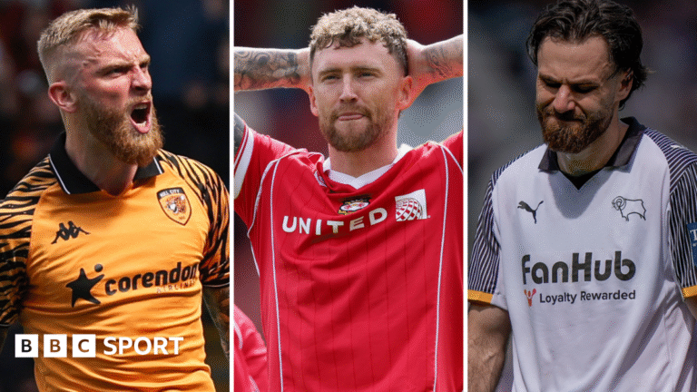 Championship play-off race: How Hull came out on top of their shootout with Wrexham and Derby Split image of Hull's Oli McBurnie, Wrexham's Dan Scarr and Derby's Ben Brereton Diaz