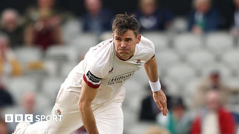 County Championship: James Anderson takes two wickets after Lancashire collapse Jimmy Anderson bowling for Lancashire at Old Trafford against Middlesex, having completed his delivery and in his follow-through