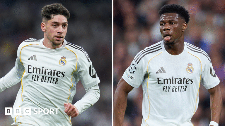Real Madrid: La Liga club fine Aurelien Tchouameni and Federico Valverde for dressing room row A split picture of Real Madrid players Federico Valverde and Aurelien Tchouameni in the club's white kit