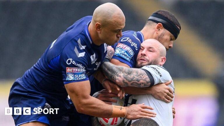 Super League: Hull FC 4-12 Toulouse Olympique Zak Hardaker grimaces as he is driven backwards by the Toulouse defence