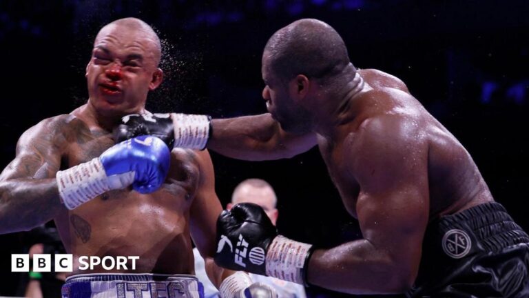 Wardley vs Dubois: Daniel Dubois captures WBO world title in an all-time classic heavyweight fight Daniel Dubois lands a punch on a bloodied Fabio Wardley