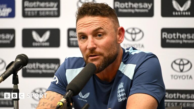 Brendon McCullum says Ben Stokes is a good friend and denies suggestions of a rift Brendon McCullum speaks into a microphone with sponsor's boards behind