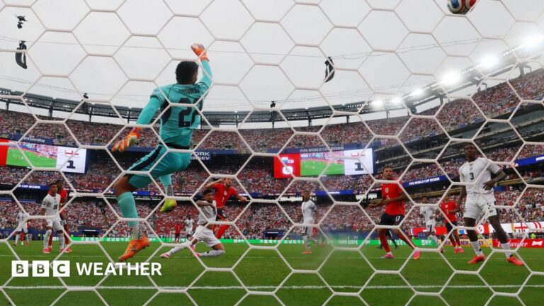 Could a heatwave make World Cup matches ‘unsafe’ this week? A view through the net from behind the goal as England score against Panama