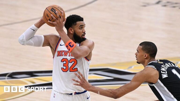 New York Knicks take NBA Finals lead with gritty win at San Antonio Spurs Karl-Anthony Towns #32 of the New York Knicks handles the ball during the game against the San Antonio Spurs
