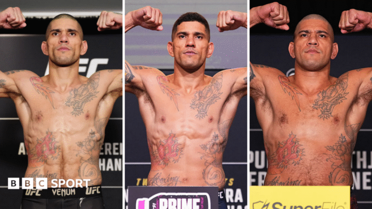 A split picture of Alex Pereira at middleweight, light-heavyweight and heavyweight