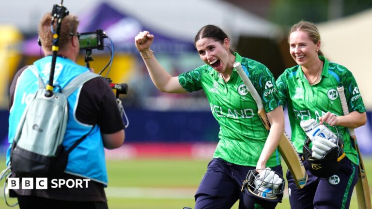 Women’s T20 World Cup: Ireland beat West Indies for first ever win in the tournament Ireland's Orla Prendergast plays a sweep shot