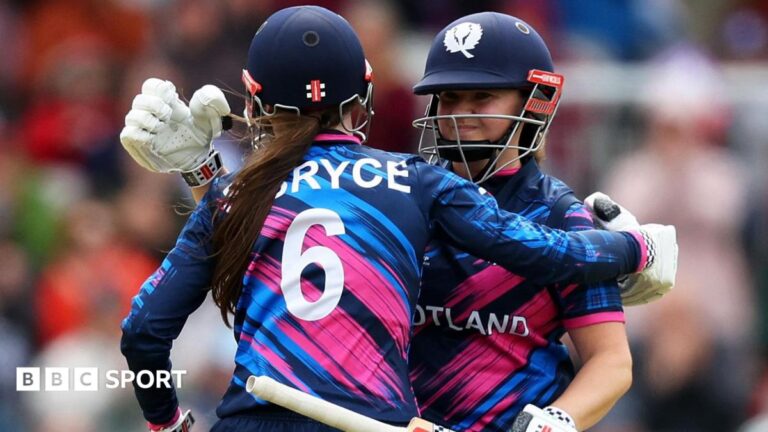 Women’s T20 World Cup: Scotland beat Ireland at Old Trafford to earn first win Sarah Bryce congratulates her sister Kathryn on reaching a half-century against Ireland