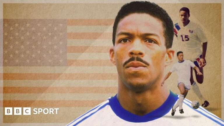 World Cup 2026: USA pioneer Desmond Armstrong and his legacy Graphic showing Desmond Armstrong against a background of the USA flag
