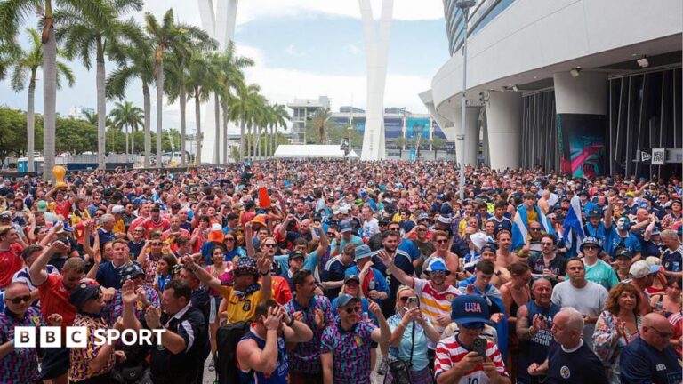 World Cup: Scotland fans’ baseball love-in in Miami Scotland fans outside LoanDepot Park in Miami