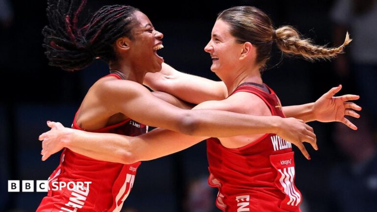 Commonwealth Games 2026: England netball team beat South Africa to reach semi-finals Fran Williams and Olivia Tchine, wearing England's red netball jersey, celebrate after beating South Africa to reach the semi-final by jumping in the air and hugging each other