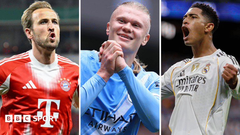 Football on BBC Sport: Join us for more action and drama this summer and beyond A composite image of Harry Kane, Erling Haaland and Jude Bellingham