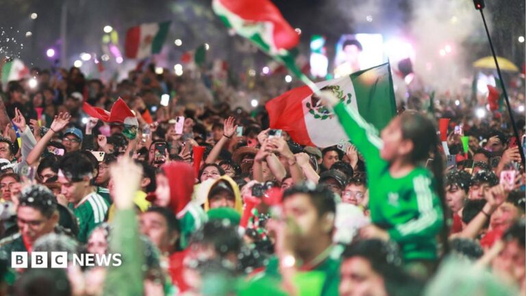 Four die in Mexico City World Cup celebrations A woman with shoulder-length blonde hair talks into a microphone