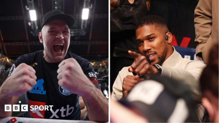 Fury vs Joshua fight could happen overnight at Wembley Stadium – sources Split image of Tyson Fury celebrating and Anthony Joshua pointing from ringside