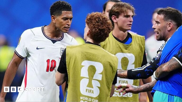 World Cup 2026: England star Jude Bellingham slaps Argentina substitute Barco A composite image of Harry Kane, Erling Haaland and Jude Bellingham