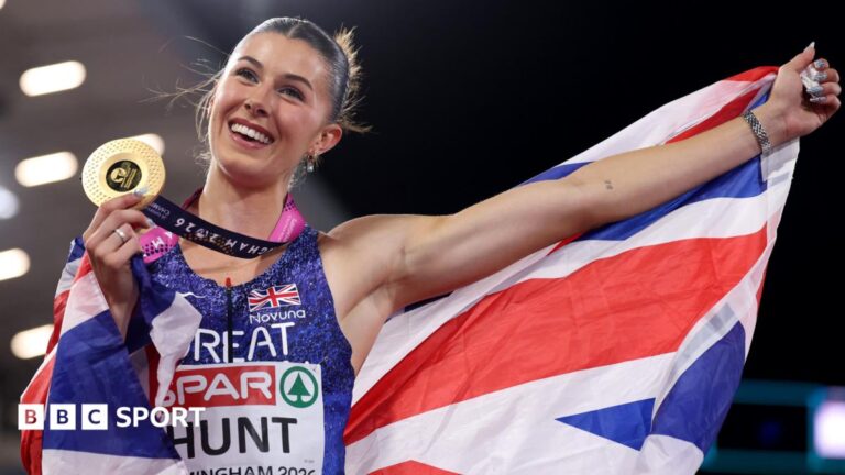European Athletics Championships 2026: Amy Hunt wins 100m gold for GB Jeff Bezos at a red carpet with a '£200bn' text graphic