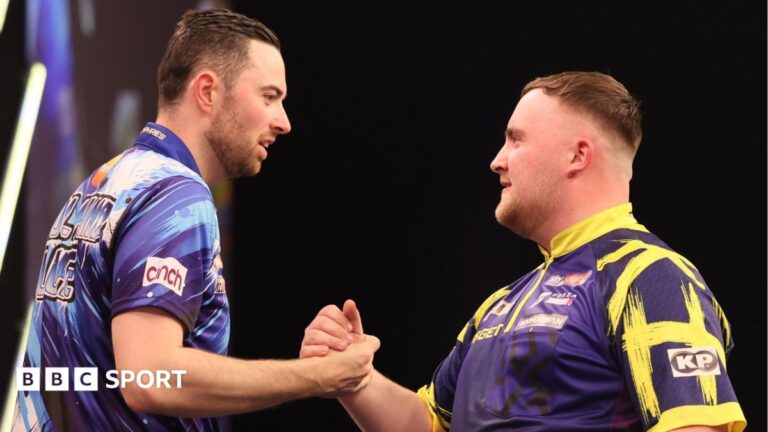 Czech Open darts results: Luke Littler beats Luke Humphries to win Luke Humphries (left) and Luke Littler clasp hands