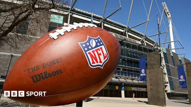 A giant NFL football outside the Melbourne Cricket Ground before the NFL game there in September 2026