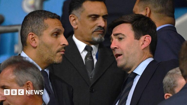 Man City chairman Khaldoon Al Mubarak (left) chats to Andy Burnham in 2019 at the Etihad Stadium when he was mayor of Greater Manchester.