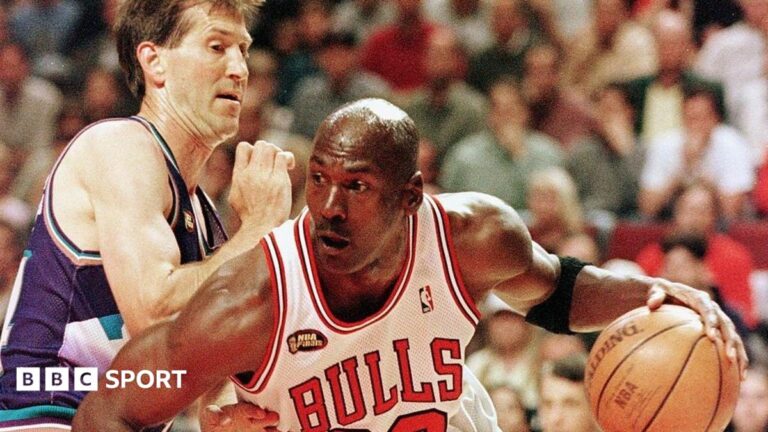 NBA: Michael Jordan ‘Last Dance’ jersey sells for £9m Michael Jordan of the Chicago Bulls goes to the basket past Jeff Hornacek of the Utah Jazz during game three of the 1998 NBA Finals