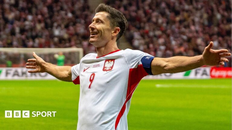 Nations League: Robert Lewandowski scores hat-trick and Edin Dzeko retires Poland striker Robert Lewandowski celebrates completing his hat-trick against Romania in the Nations League